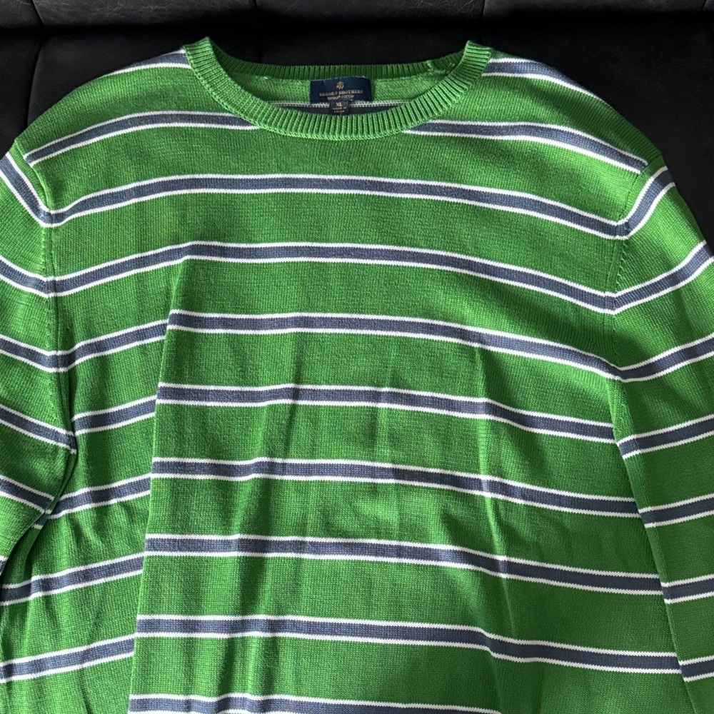 Brooks Brothers Green and White Striped Crewneck Sweater